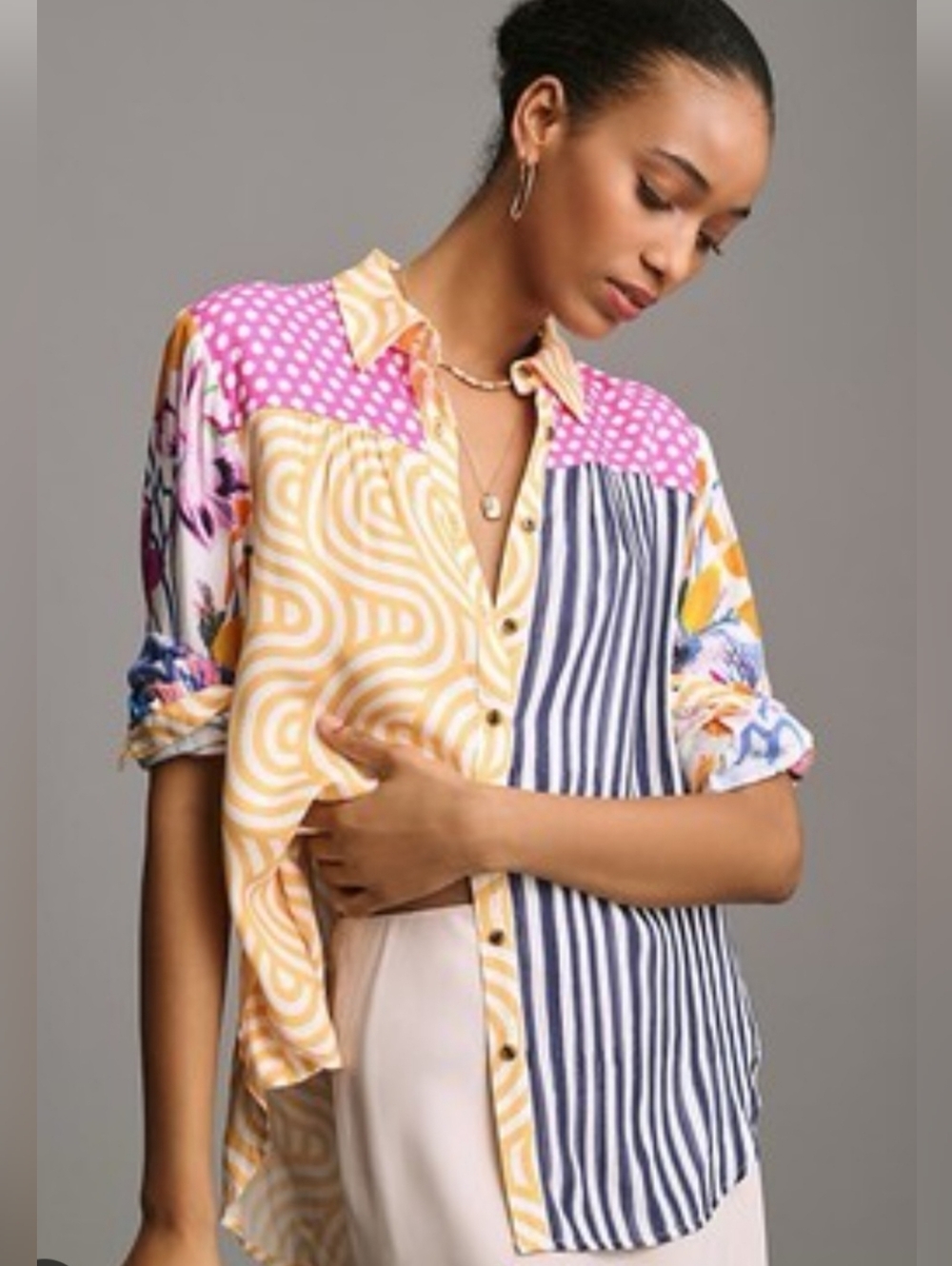 Maeve By Anthropologie Mixed Pattern Colorful Button Up Blouse Size L Top